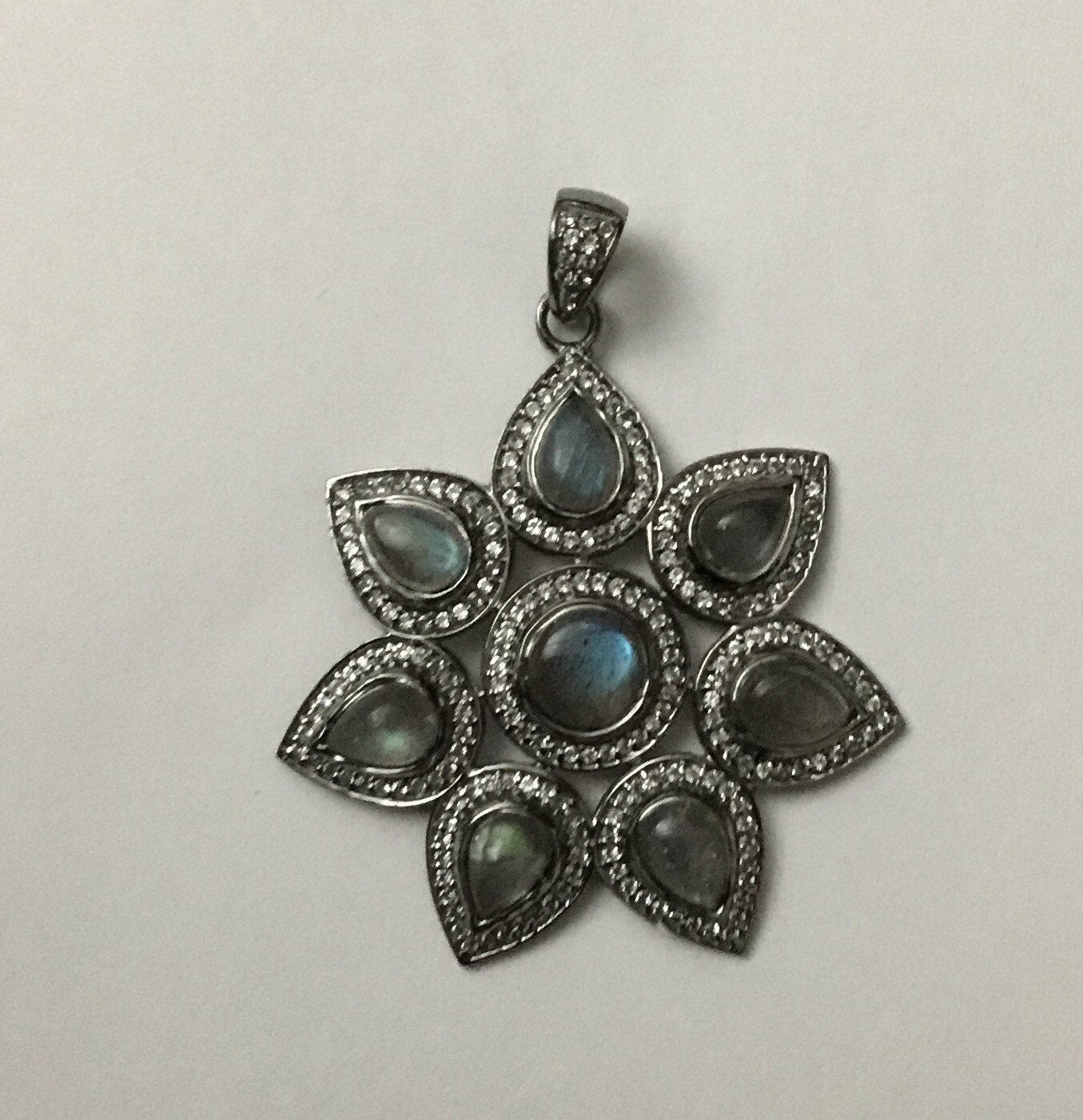 Pave white topaz labrorite sterling silver charm