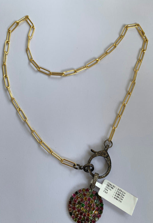 Tourmaline diamond Gold filled paper clip chain necklace