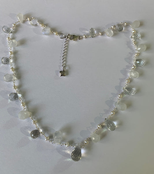 Moonstone white topaz drop and sterling silver chain necklace