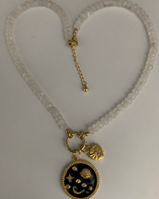 White topaz enamel moonstone bead necklace with open clasp