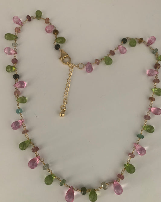Peridot pink topaz drops tourmaline beads vermeil necklace
