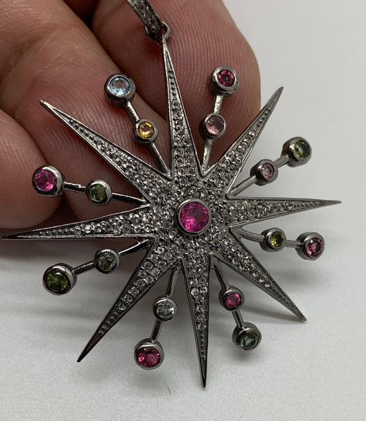 Tourmaline white topaz sterling silver starburst pendant