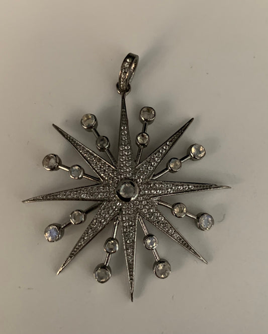 Moonstone white topaz sterling silver starburst pendant