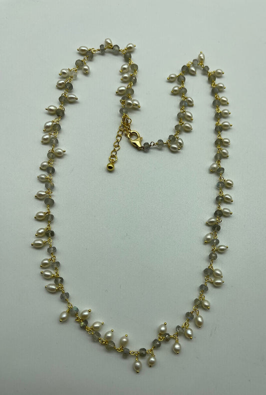 Labrorite and pearl beads vermeil necklace